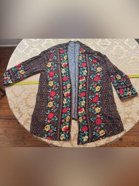 Open-Front kimono / cover-up in Black with Red yellow and green floral accents